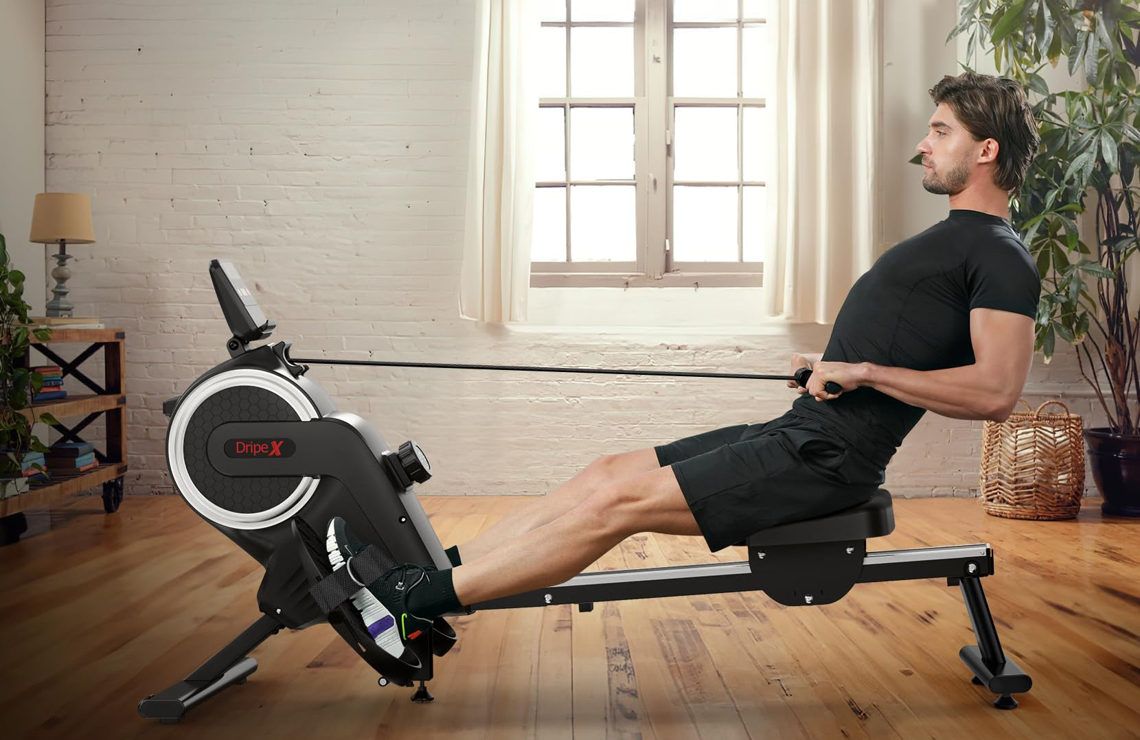 Dripex Magnetisches Rudergerät mit Aluminium-Gleitschiene, 16 Stufen einstellbarem Widerstand, maximale Gewichtskapazität von 265 Pfund für das Heim-Fitnessstudio, App/LCD-Monitor (Bluetooth)
